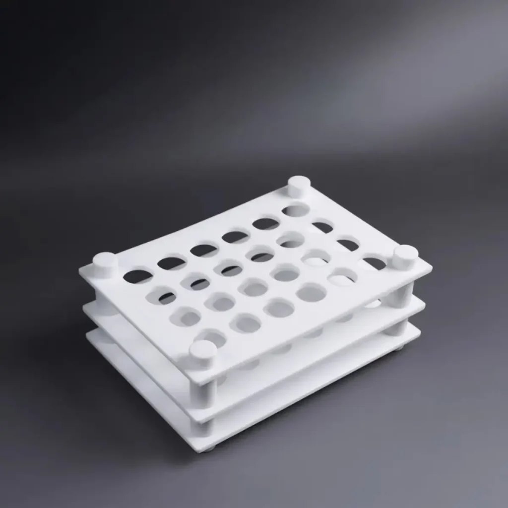 Precision machined PTFE test tube holder with exceptional chemical resistance